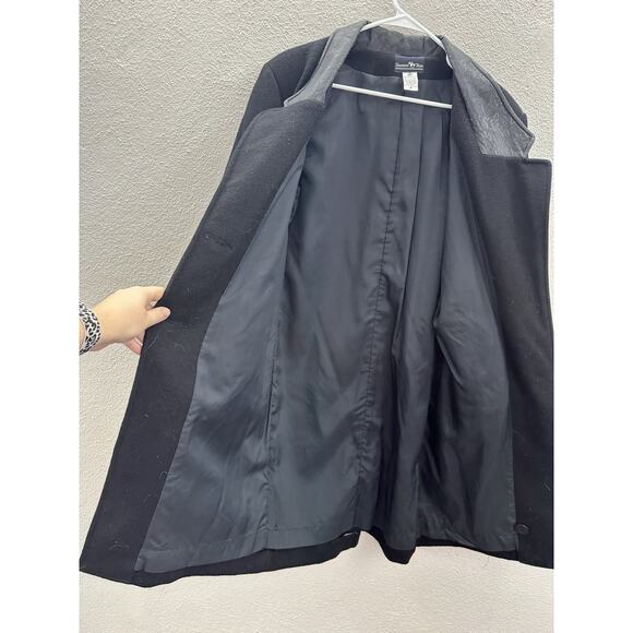 Hunters Run Womens Coat Size 6 Black Wool Leather Trim Long Button Up Vintage - Picture 3 of 9